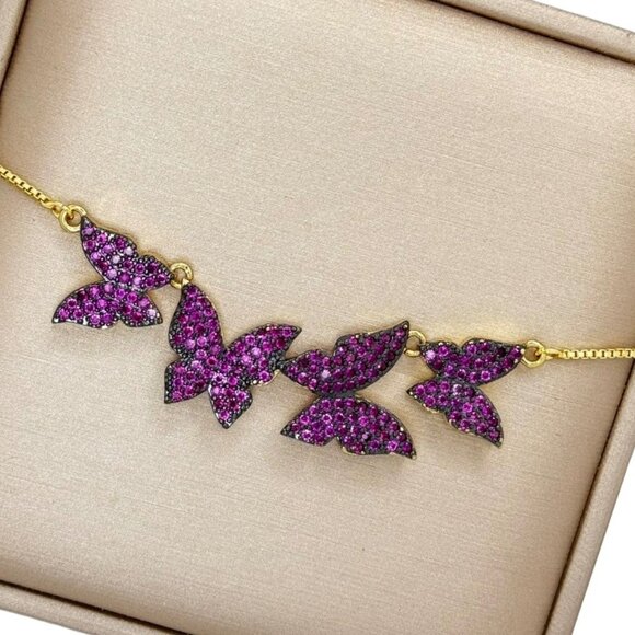 NWT Butterfly Cluster Pendant Necklace 18K Gold Plated Pink Swarovski Crystals - Picture 1 of 8